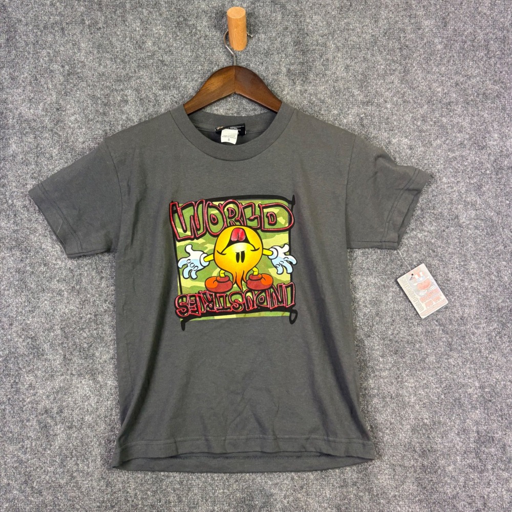 World Industries T-Shirt Youth S Gray Flame Boy Camo Skate Graphic NWT Vintage